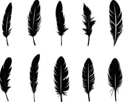 ein Sammlung von Vogel Gefieder einstellen Symbol. Feder Silhouette. Jahrgang Stift zum Kalligraphie. Plumelet Sammlung. Vektor isoliert auf Weiß. ai generiert Illustration.