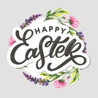 Frohe Ostern handgezeichnetes Logo, Abzeichen-Typografie-Symbol. Schriftzug Frohe Ostern mit Blumen für Grußkarten, Einladungsvorlage. Retro-, Vintage-Schriftzug-Banner-Plakat-Vorlagenhintergrund vektor