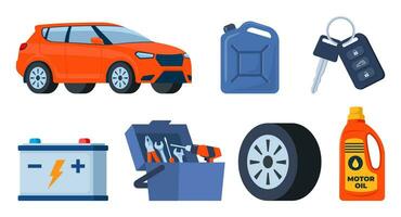 Auto und Auto Bedienung Zubehör Komposition mit Werkzeug Bausatz, Benzin Kanister und Batterie. Vektor Illustration.