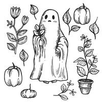 vektor sömlös mönster för halloween, rolig spöke, pumpor och växter. illustration i skiss stil, årgång, retro stil