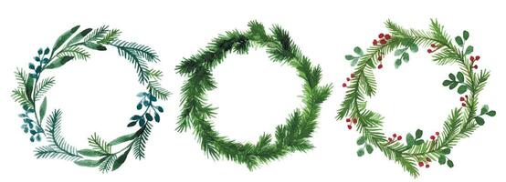 Aquarell Zeichnung, einstellen von Weihnachten Kränze. Neu Jahre festlich Kränze, runden Frames von Grün Blätter und Weihnachten Baum Geäst. Weihnachten Clip Art zum Gruß vektor