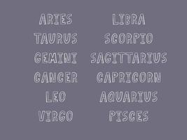 stjärntecken bokstäver vektor tecken. tecknad astrologi text illustration. horoskop handskriven ikonuppsättning.