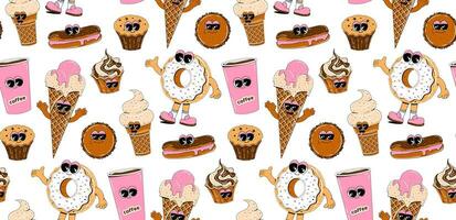 sömlös mönster med sötsaker tecken i retro tecknad serie stil. is grädde, kaffe, biskvi, munk, cupcake. modern bakgrund för kaffe affär, meny, restaurang. vektor