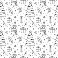 süße Weihnachten nahtlose Muster. festlicher Weihnachtsbaum mit Girlande, Schneemann, Geschenken, Zweigen und Schneeflocken. handgezeichnete Vektorgrafik im Doodle-Stil. perfekt für verpackungspapier, verpackung, dekor. vektor