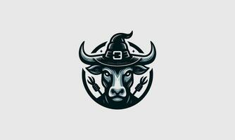 Kopf Kuh tragen Hexe Hut Vektor Logo Design