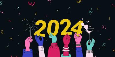 ein Netz Banner Das zeigt an das Hände von ein Vielfalt Gruppe Jubel und feiern Neu Jahr durch spielen Wunderkerze und Trinken Champagner mit Konfetti. halten Nummer 2024 vektor