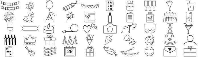 Happy Birthday Party Line Icon Set. enthalten die Symbole wie Feier, Jubiläum, Party, Gratulation, Kuchen, Geschenk, Dekoration und mehr. vektor
