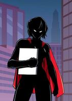 Superheldin halten Buch im Stadt Vertikale Silhouette vektor