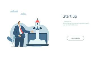 sjösättning en ny företag eller projekt, snabb utveckling på de Start, reklam media design begrepp, baner tecken. mobil app. webb mall. affärsman lanserar en raket stigande upp. vektor