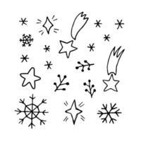 jul enkel klotter uppsättning. söt hand dragen vinter- dekorativ element samling med snöflingor, stjärnor, kvistar. säsong- xmas firande vektor illustration klämma konst