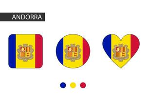 Andorra 3 Formen Quadrat, Kreis, Herz mit Stadt Flagge. isoliert auf Weiß Hintergrund. vektor