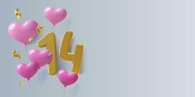 Valentinstag Tag 3d Hintergrund mit Nummer 14, Rosa Herz Luftballons und Kopieren Raum. 14. Februar Datum romantisch drei dimensional Design zum Party Einladung oder Urlaub Banner. Vektor Illustration.