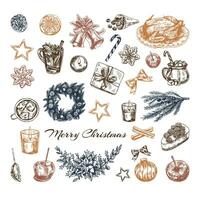 ritad för hand jul uppsättning i skiss stil. festlig dekoration - krans, gåva, sötsaker, mat, jul träd dekor, drycker och kryddor skisser. ingraverat. vektor