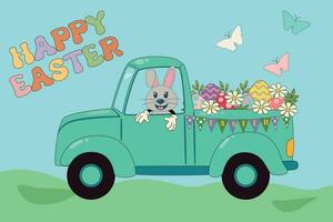 Lycklig påsk årgång söt kanin karaktär på en lastbil med påsk ägg. trendig påsk design med typografi, blommor, ägg, i pastell färger. de begrepp av en vår Semester i en tecknad serie stil vektor