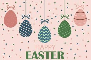 glücklich Ostern süß Poster mit hängend Eier. Ostern Hintergrund. dekorativ hängend Ostern Eier, Polka Punkt, Herz Form, Welle Zeichnung Muster gemalt, Schmetterling vektor