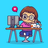süß Mädchen Arbeiten auf Computer mit Katze Karikatur Vektor Symbol Illustration. Menschen Technologie Symbol Konzept isoliert Prämie Vektor. eben Karikatur Stil