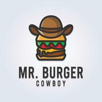 Herr. Burger Logo, Cowboy Burger Logo Vektor Illustration Design, kreativ Essen Logo