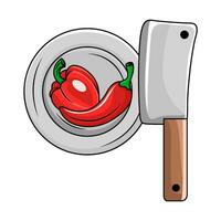 paprika, chili i tallrik med slaktare kniv illustration vektor