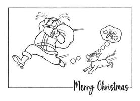 santa claus och en hund översikt teckning. färg sida, färg bok, jul aktivitet bok, vektor illustration.