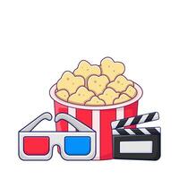 popcorn i skål, 3d glasögon med biljett bio illustration vektor