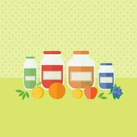 Gläser und Flaschen mit Saft oder Marmelade und Früchte auf das Küche Tabelle vektor