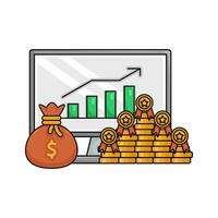 Diagramm Grafik im Monitor Computer, Geld Münze, vergeben Band mit Geld Tasche Illustration vektor