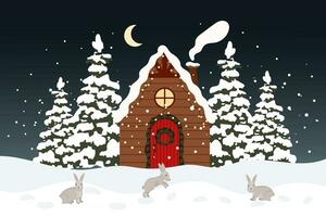 vinter- landskap med söt hus, gran träd och harar i de snö. glad jul hälsning kort mall. illustration i platt stil. vektor