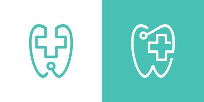 Dental Logo Design kombiniert mit ein Plus Zeichen und Stethoskop, minimalistisch Linie. vektor