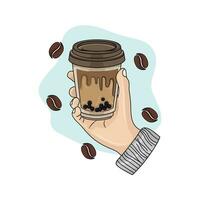kopp is grädde kaffe i hand med kaffe bönor illustration vektor
