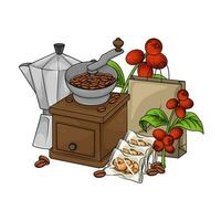 Schleifer, Kaffee Bohnen, Kaffee Frucht, Papiertüte, Kaffee Obst mit Gebäck Illustration vektor