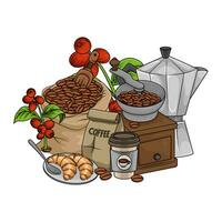 kvarn, kaffe bönor, kopp dryck, bakverk, kaffe frukt med papperspåse illustration vektor