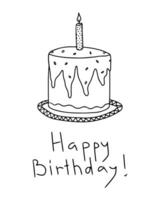 enda klotter kaka med ljus för födelsedag kort, hälsning, affischer, recept, kulinariska design. text Lycklig födelsedag. hand dragen vektor illustration.