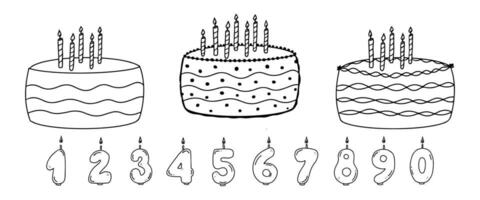 klotter födelsedag kakor med ljus tal. tre annorlunda kakor och hand dragen siffra ikoner. vektor illustration i skiss stil