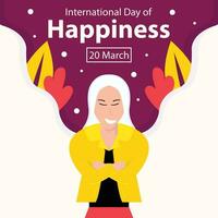 Illustration Vektor Grafik von ein Mädchen lacht glücklich, mit ein Pflanze Hintergrund, perfekt zum International Tag, International Tag von Glück, zelebrieren, Gruß Karte, usw.
