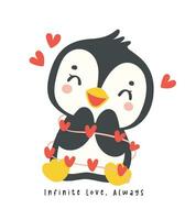 söt pingvin kram röd hjärta tecknad serie teckning, söt valentine djur- karaktär illustration, lekfull hand dragen festlig kärlek grafisk. vektor