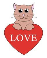 Karikatur Valentinstag Tag Katze Charakter. süß Kätzchen im auf Herz mit Text Liebe. Vektor eben Illustration.