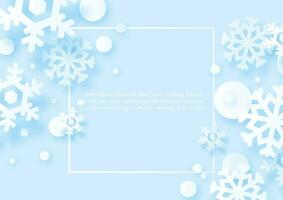 silhuett snö flingor i papper skära stil på fyrkant ram och exempel texter och blå papper mönster bakgrund. jul och ny år hälsning kort firande i vektor design.