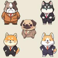 söt hundar bär kostymer. engelsk bulldogg, hes, mops, shiba inu och corgi vektor