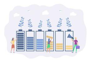 entladen Leistung Quellen, verschiedene Zustand von Batterie aufladen. Menschen aufladen ein Smartphone, Laptop, Tablette. bunt Vektor Illustration.