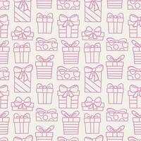 söt hand dragen jul gåva låda vektor upprepa mönster i rosa. sömlös upprepa tapet eller textil- design, linje konst klotter bakgrund design.