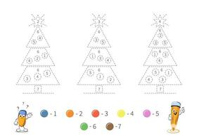 Färbung Seite mit süß Weihnachten Baum zum Kinder. Rückverfolgung Konturen, Farbe durch Nummer, Handschrift ausüben. gestrichelt Linien. Vektor Illustration