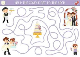 bröllop labyrint för barn med brud, brudgum, kaka. äktenskap ceremoni förskola tryckbar aktivitet. äktenskaplig labyrint spel, pussel. hjälp bara gift par skaffa sig till de båge vektor
