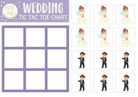 Vektor Hochzeit tic tac Zehe Diagramm mit Braut und Bräutigam. Ehe Zeremonie Tafel Spiel spielen Feld mit süß Figuren. komisch Familie Urlaub druckbar Arbeitsblatt. Nullen und Kreuze Gitter