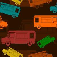 redigerbar platt svartvit mobil mat lastbilar med meny styrelse vektor illustration i olika färger med mörk bakgrund för fordon eller mat och dryck företag relaterad design