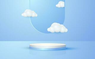 runden Podium Produkt Szene und Fenster Himmel Wolke mit Pastell- Blau Hintergrund zum kosmetisch Produkt Präsentation Attrappe, Lehrmodell, Simulation Show vektor