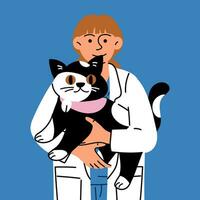 en kvinna veterinär med en katt i henne vapen. vektor illustration av djur- vård. platt stil. en läkare i en enhetlig och en medicinsk täcka med en katt på en blå bakgrund. internationell veterinär dag