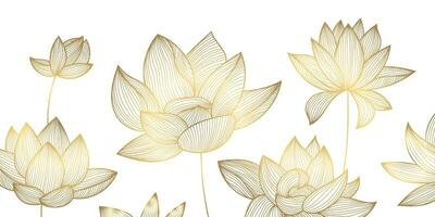 Vektor Luxus golden Muster, Lotus Illustration, Hand gezeichnet Blumen zum Verpackung, Sozial Medien Post, Abdeckung, Banner, kreativ Post und Mauer Künste. Gold und Weiß