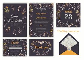 Bröllopinbjudan, spara datumet, RSVP-kort, tackkort vektor