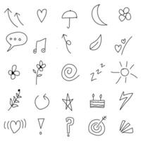 söt klotter hand ritningar, pil ikoner, hjärtan, paraplyer, löv, stjärnor och blad symboler. vektor