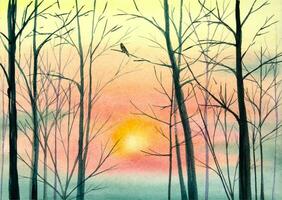 Hand gemalt Aquarell Bäume ohne Blätter. Aquarell Sonnenuntergang Landschaft mit Bäume. vektor